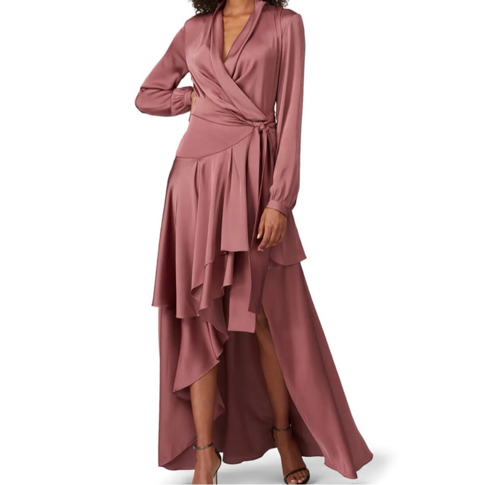 PatBO Satin Wrap High-Low Ruffle Dress in Mauve